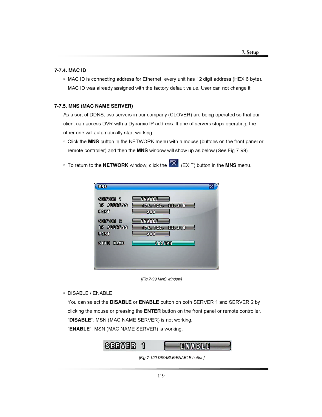 Clover Electronics CDR1650 instruction manual Mac Id, MNS MAC Name Server, Disable / Enable 