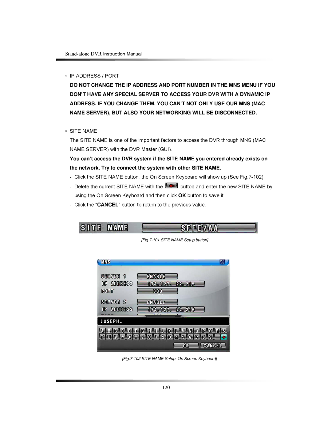 Clover Electronics CDR1650 instruction manual IP Address / Port, Site Name 