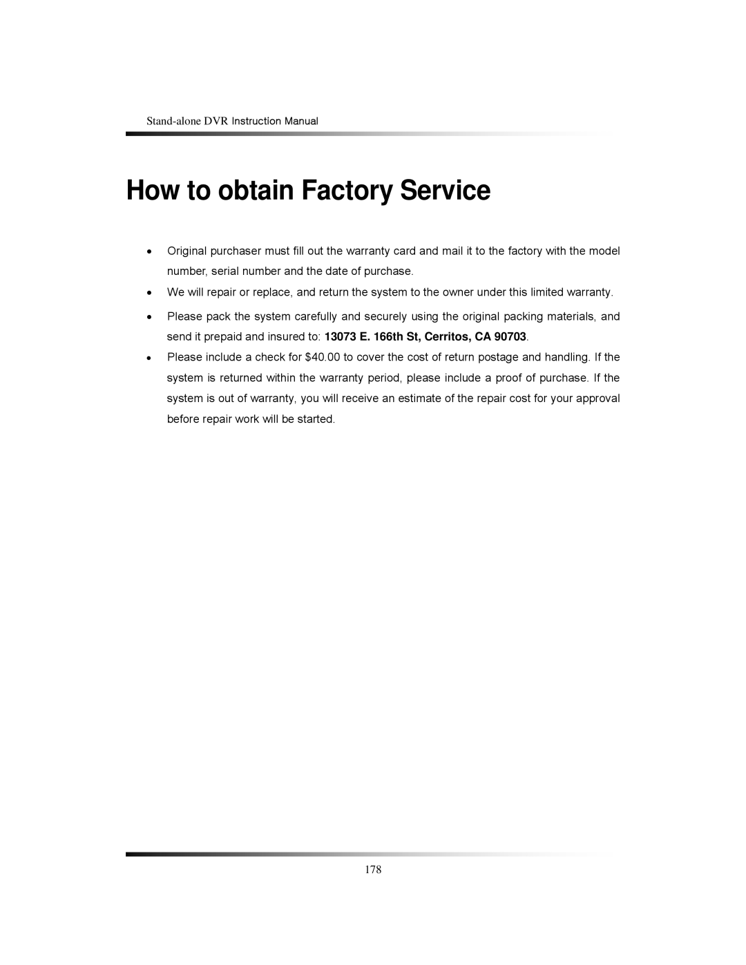 Clover Electronics CDR1650 instruction manual How to obtain Factory Service 