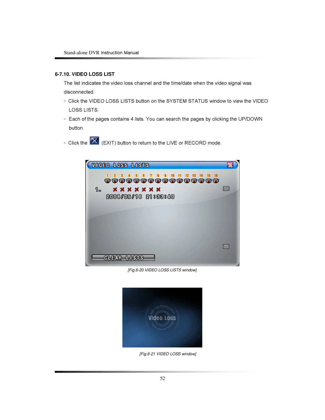 Clover Electronics CDR1650 instruction manual Video Loss Lists window 