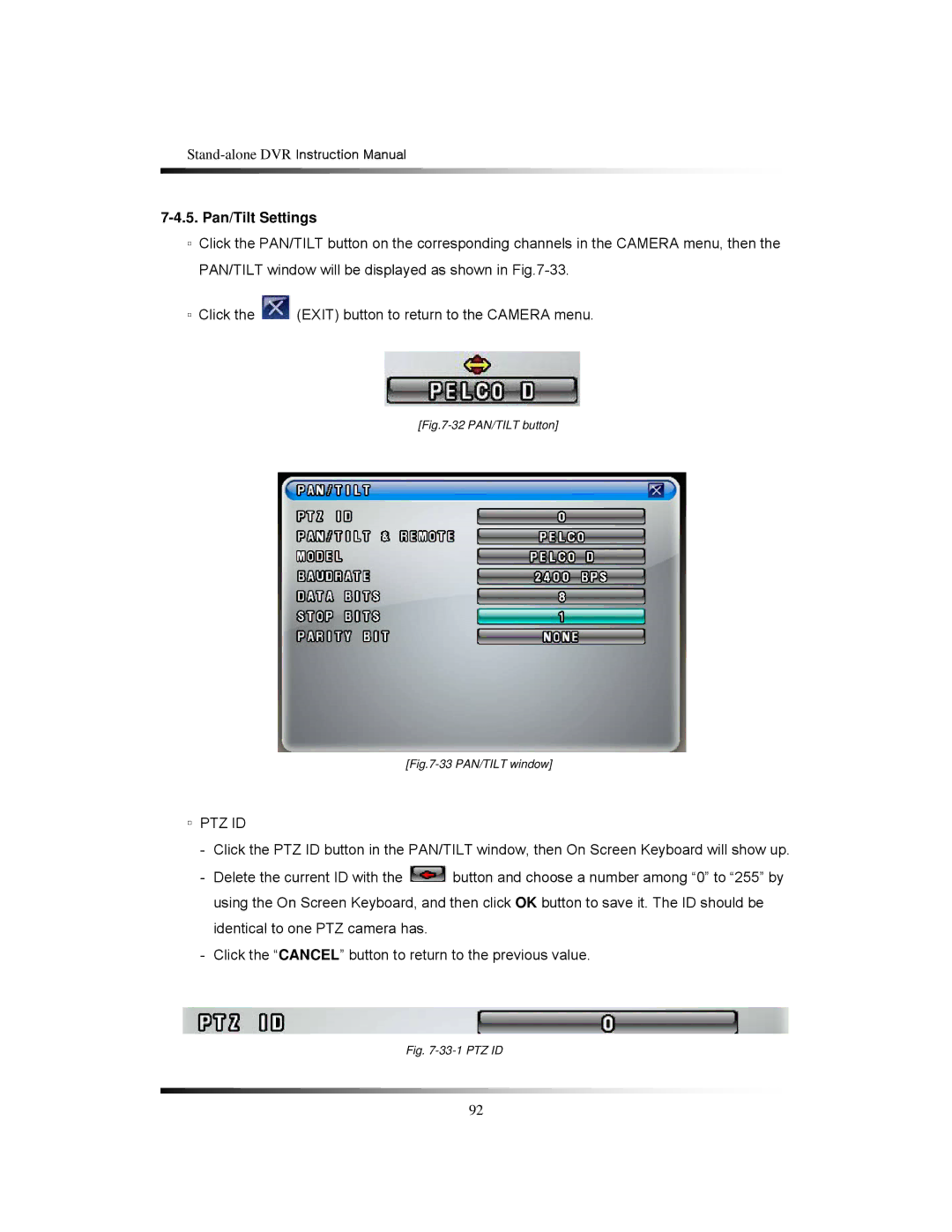 Clover Electronics CDR1650 instruction manual Pan/Tilt Settings, Ptz Id 