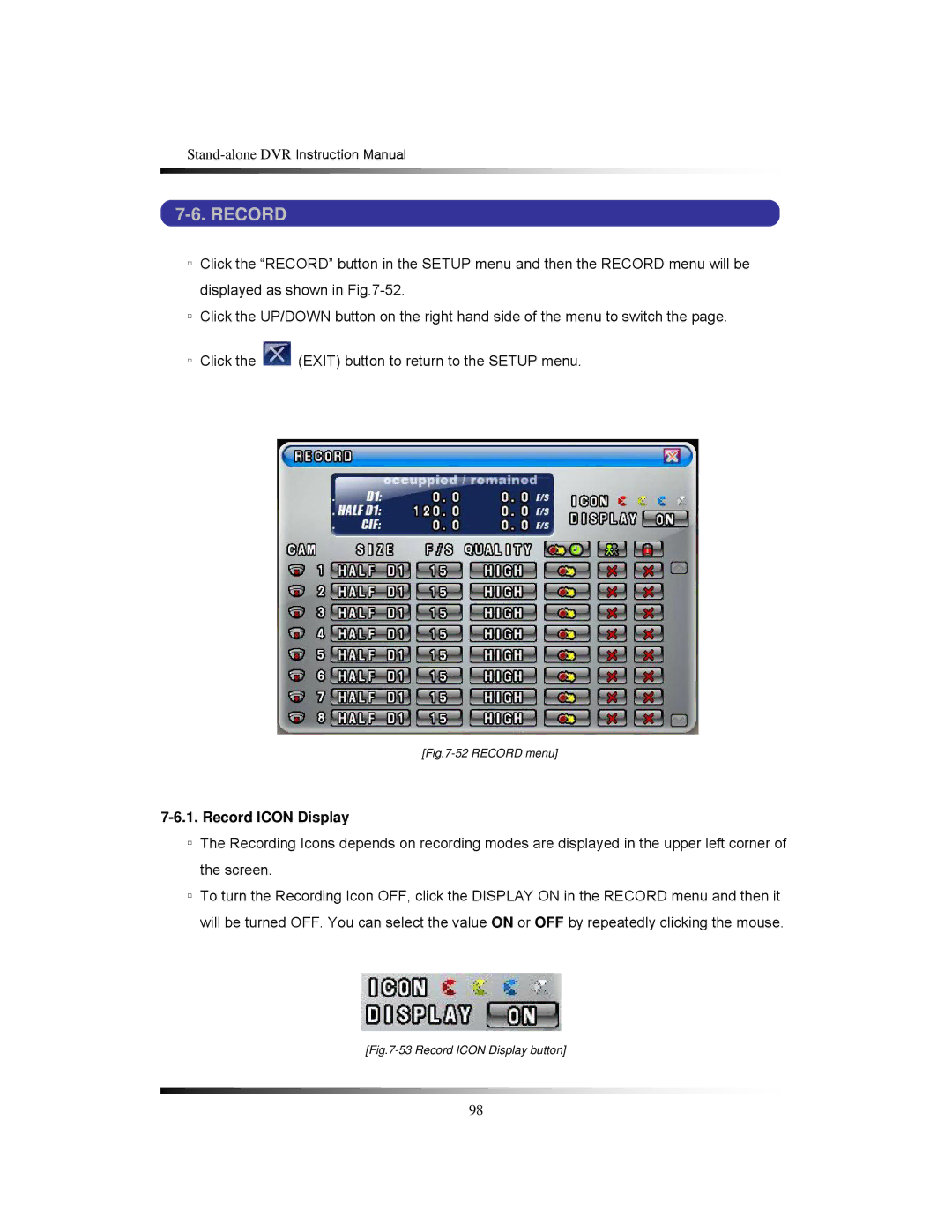 Clover Electronics CDR1650 instruction manual Record Icon Display 