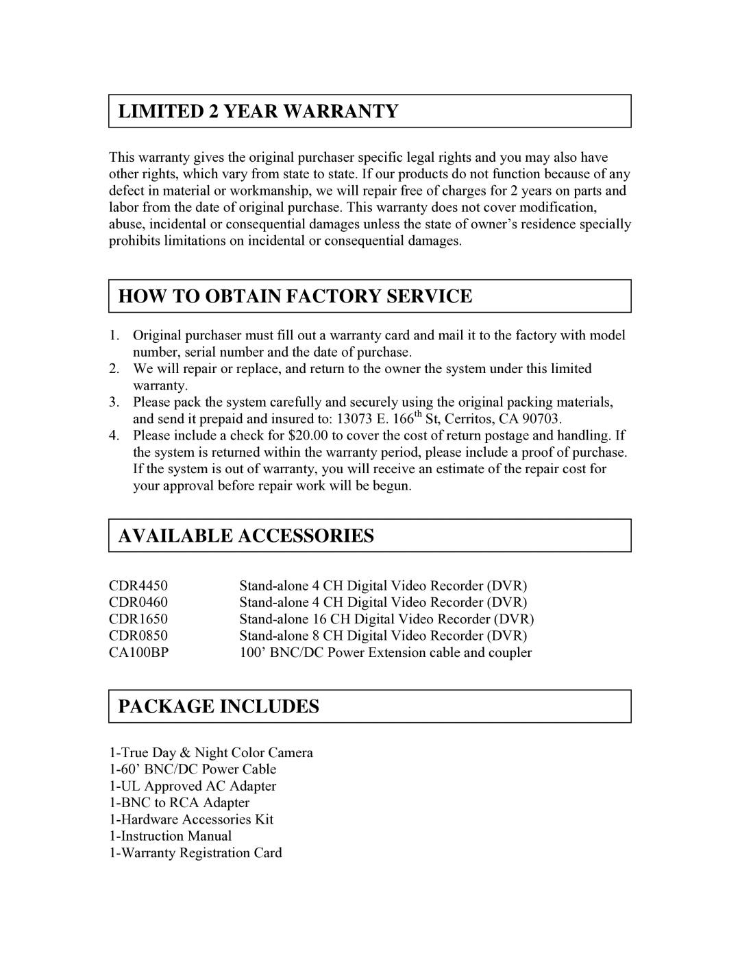 Clover Electronics DC534 Limited 2 Year Warranty, HOW to Obtain Factory Service, Available Accessories, Package Includes 