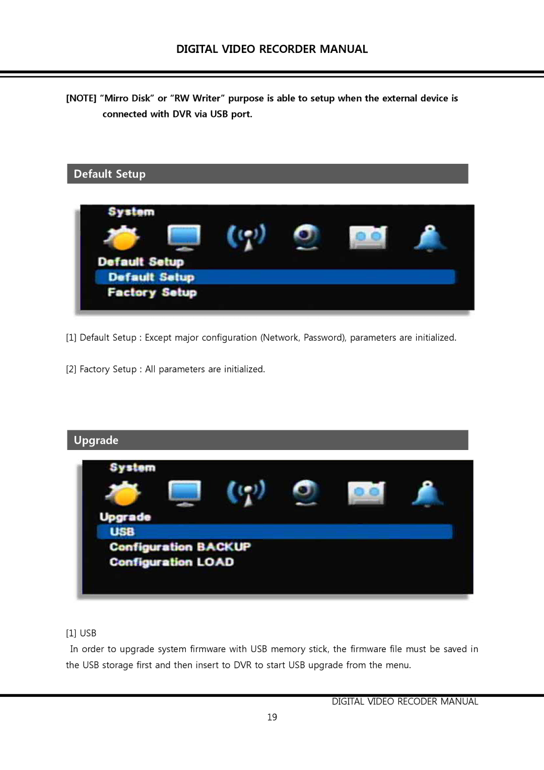 Clover Electronics DV1690, DV0890 instruction manual Default Setup, Upgrade 