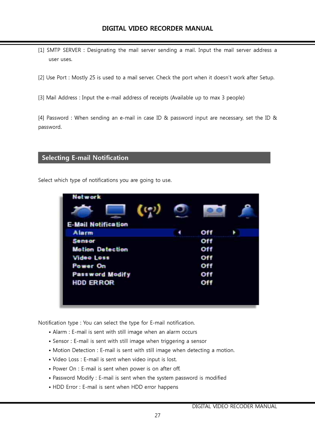 Clover Electronics DV1690, DV0890 instruction manual Selecting E-mail Notification 