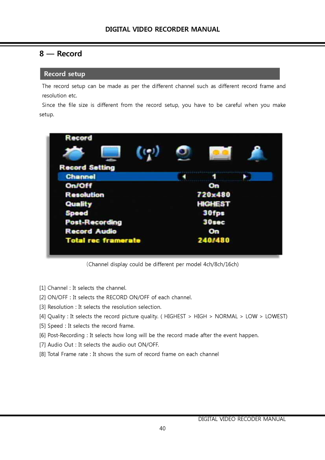 Clover Electronics DV0890, DV1690 instruction manual Record setup 