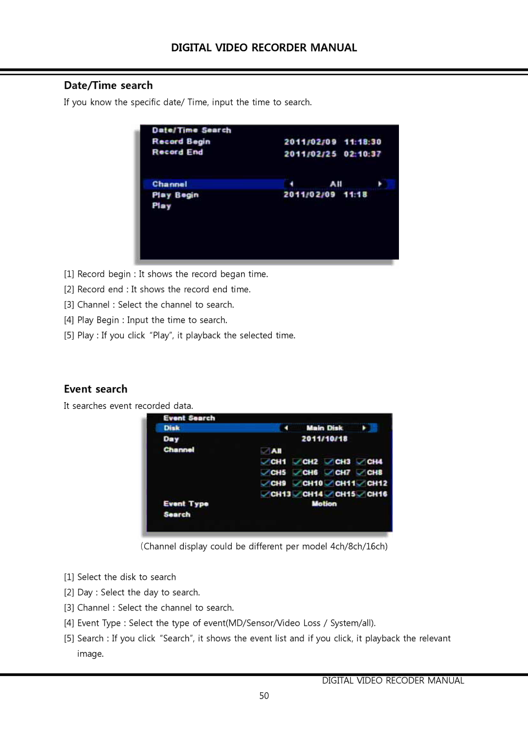 Clover Electronics DV0890, DV1690 instruction manual Date/Time search 