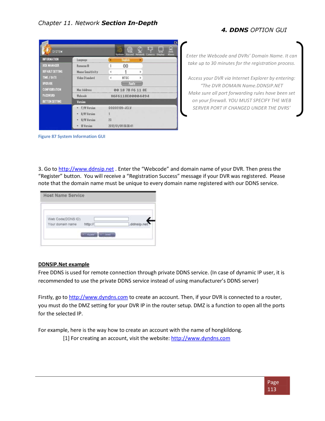 Clover Electronics DV1670D instruction manual DDNSIP.Net example, System Information GUI 