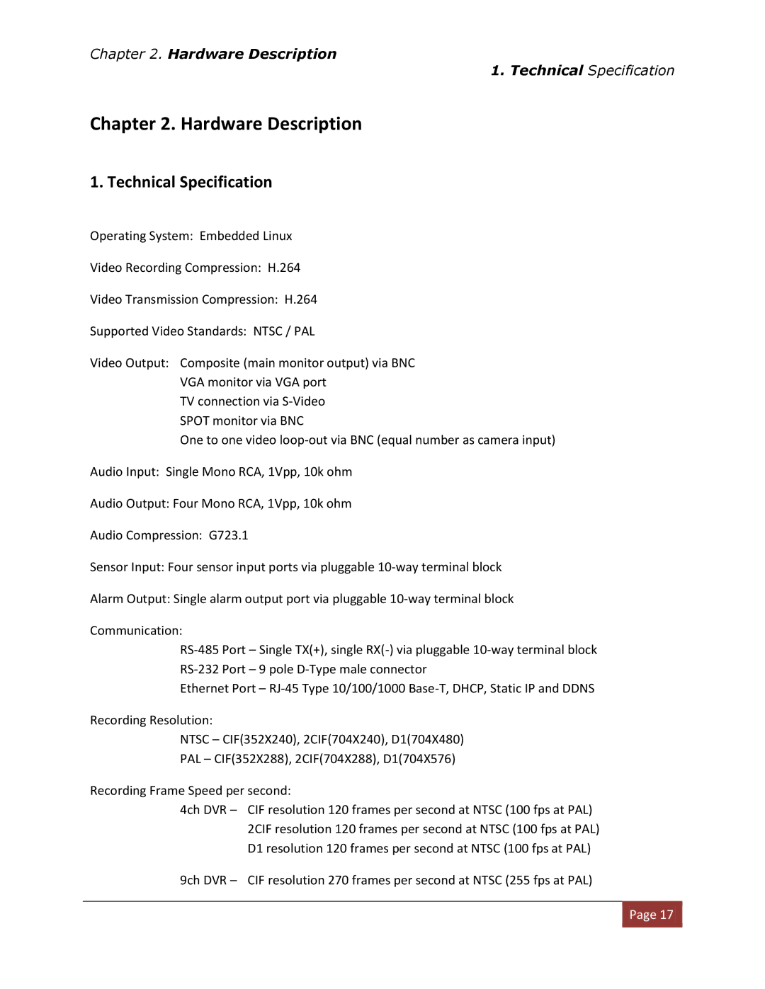 Clover Electronics DV1670D instruction manual Hardware Description, Technical Specification 