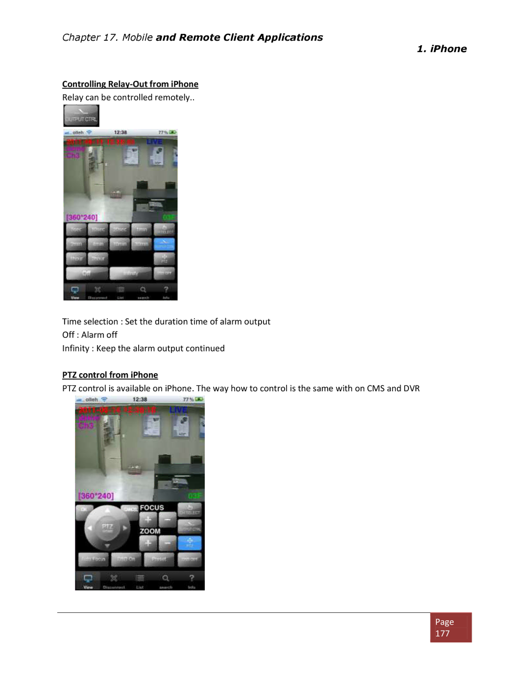 Clover Electronics DV1670D instruction manual Controlling Relay-Out from iPhone, PTZ control from iPhone 