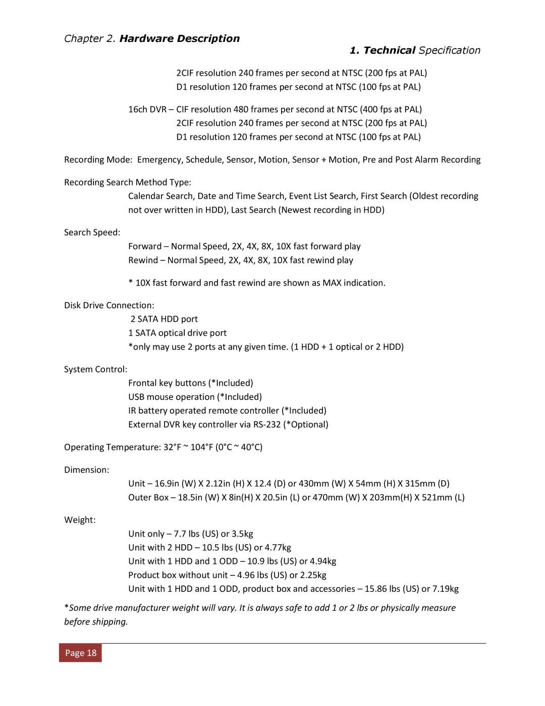 Clover Electronics DV1670D instruction manual Hardware Description Technical Specification 