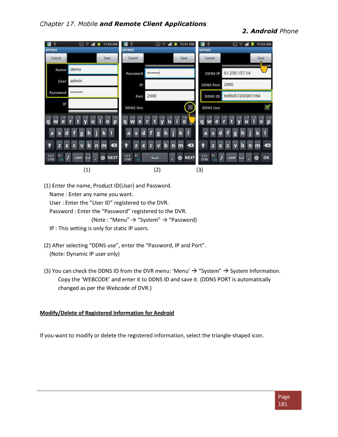 Clover Electronics DV1670D instruction manual Modify/Delete of Registered Information for Android 