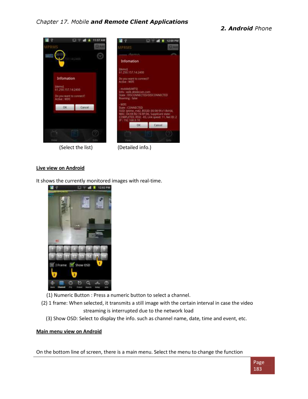 Clover Electronics DV1670D instruction manual Live view on Android, Main menu view on Android 