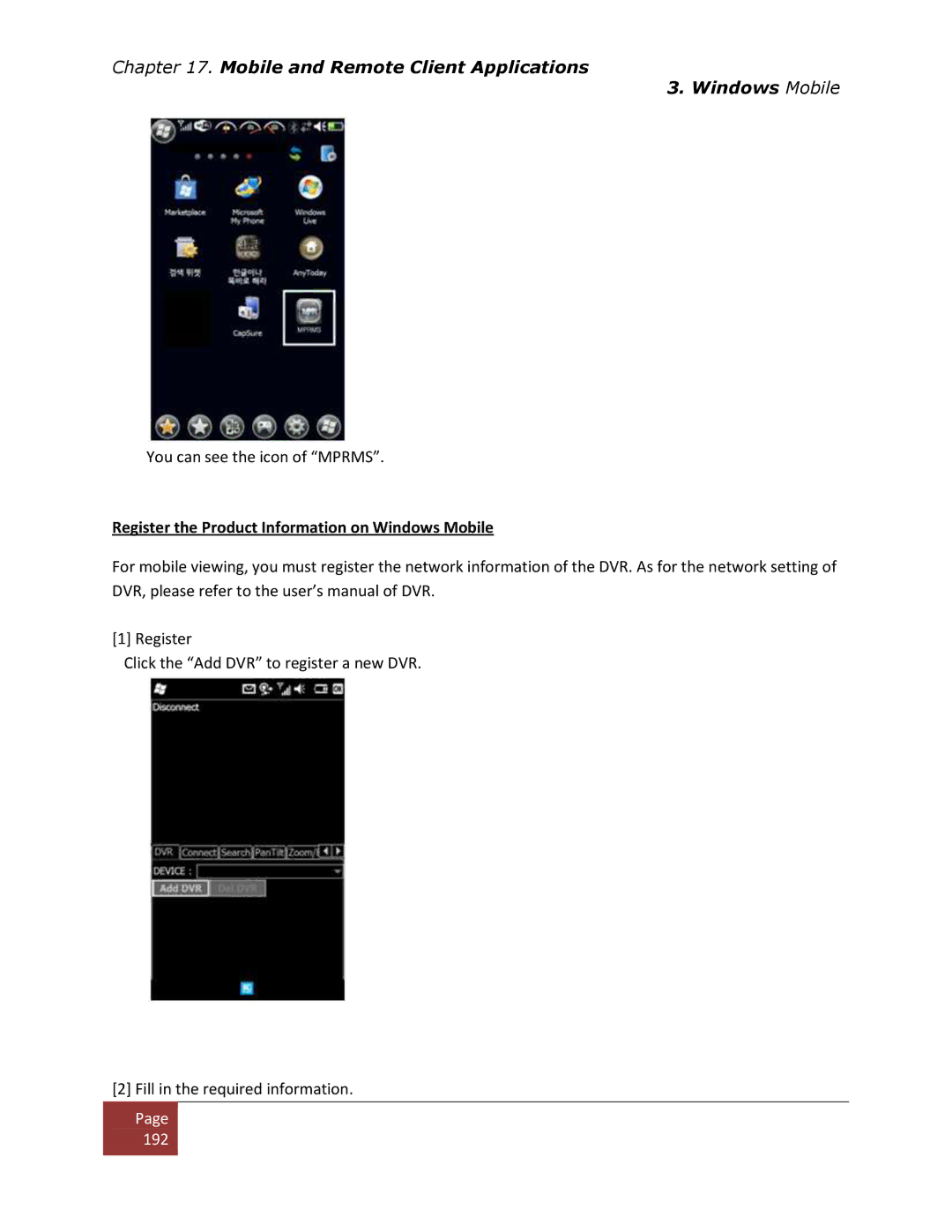 Clover Electronics DV1670D instruction manual Register the Product Information on Windows Mobile 