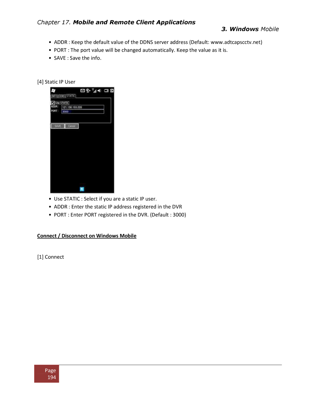 Clover Electronics DV1670D instruction manual Connect / Disconnect on Windows Mobile 