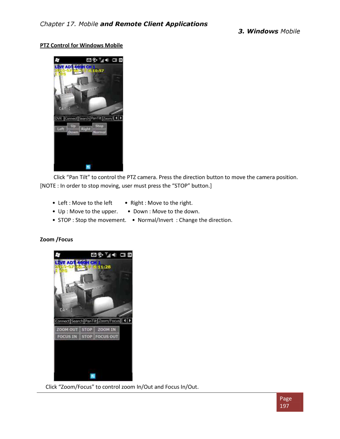 Clover Electronics DV1670D instruction manual PTZ Control for Windows Mobile, Zoom /Focus 