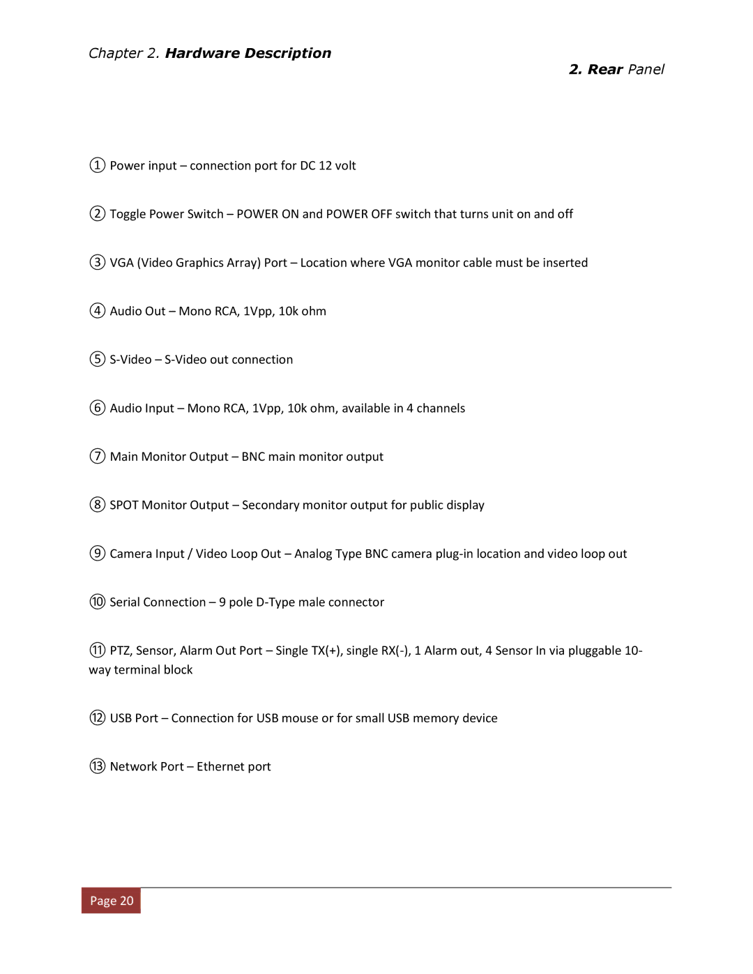 Clover Electronics DV1670D instruction manual Hardware Description Rear Panel 