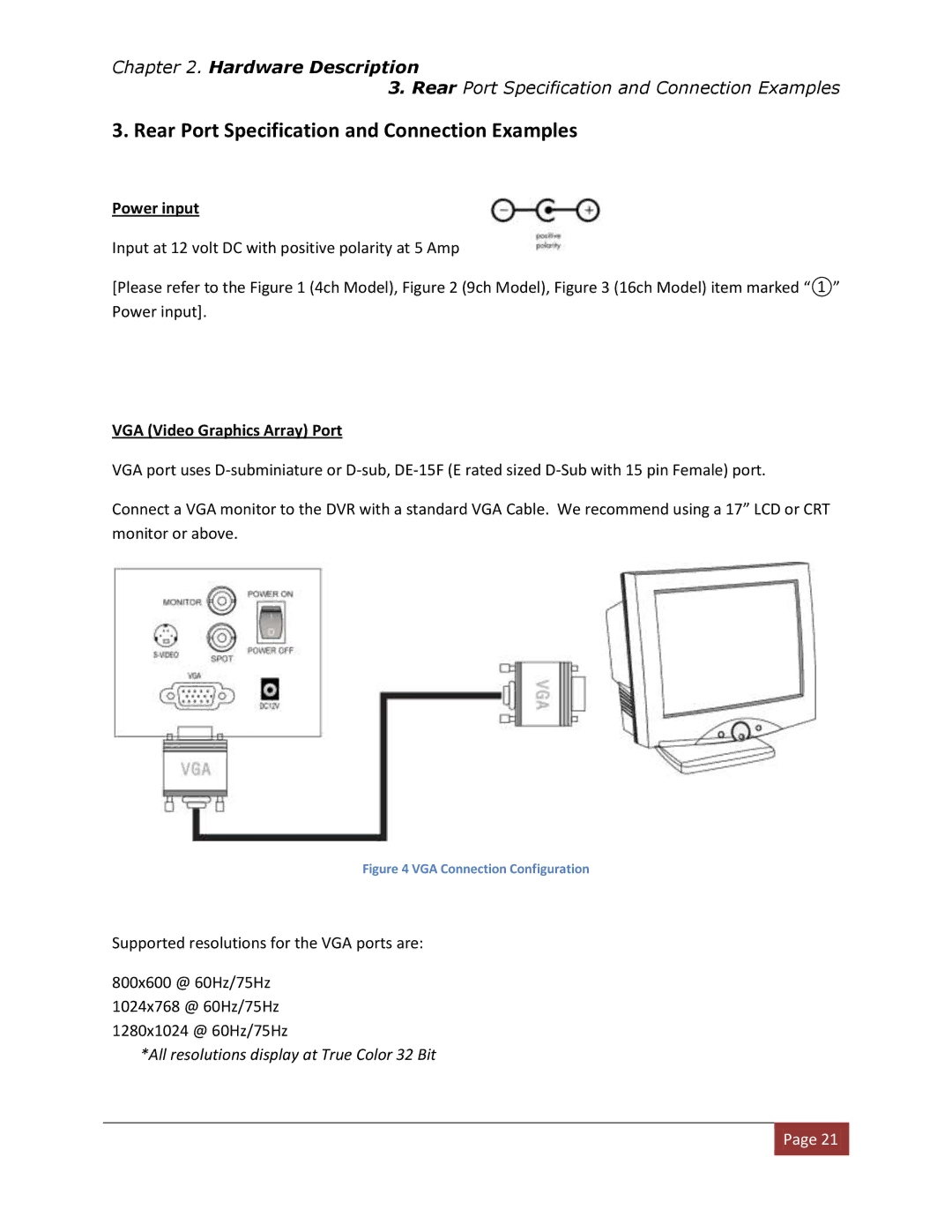 Clover Electronics DV1670D Rear Port Specification and Connection Examples, Power input, VGA Video Graphics Array Port 