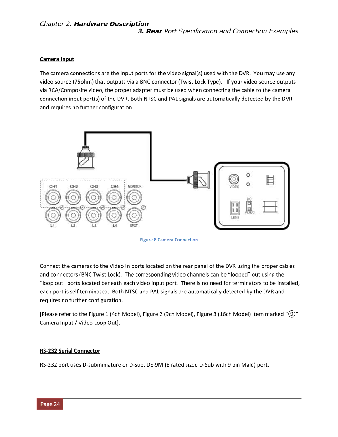 Clover Electronics DV1670D instruction manual Camera Input, RS-232 Serial Connector 