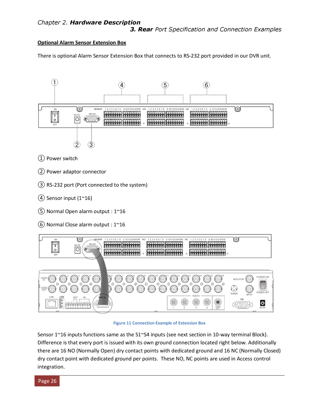 Clover Electronics DV1670D instruction manual Optional Alarm Sensor Extension Box, Connection Example of Extension Box 