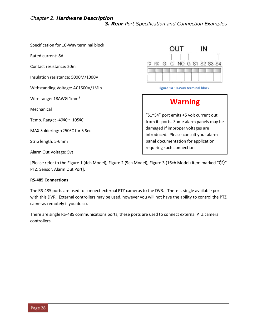 Clover Electronics DV1670D instruction manual RS-485 Connections, Way terminal block 