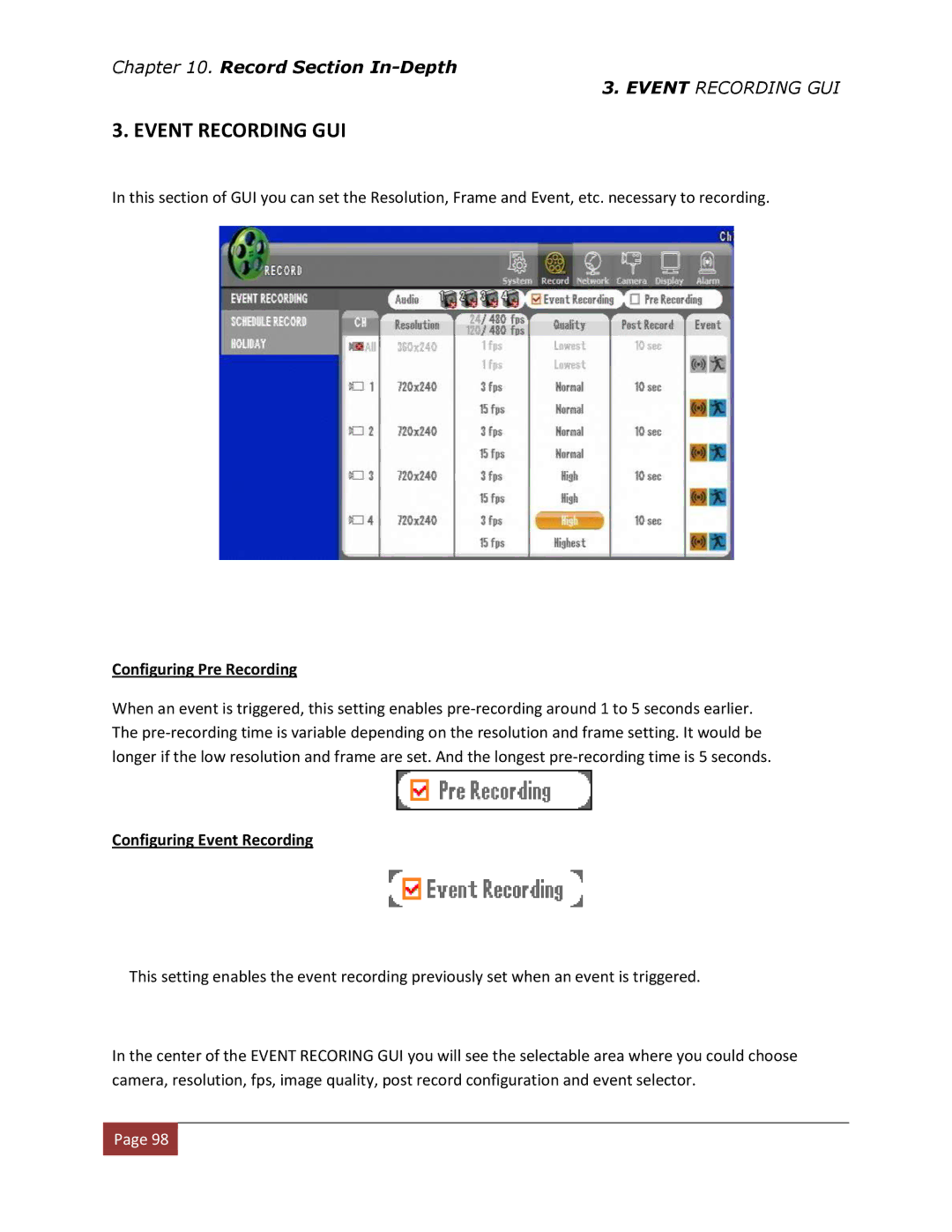 Clover Electronics DV1670D Event Recording GUI, Configuring Pre Recording, Configuring Event Recording 