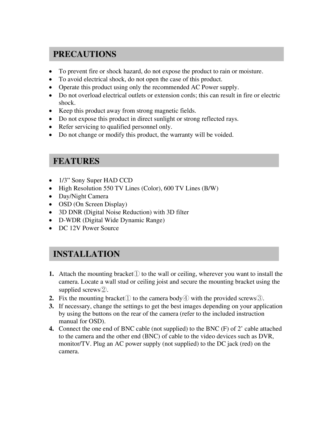 Clover Electronics HDC041 instruction manual Precautions, Features, Installation 