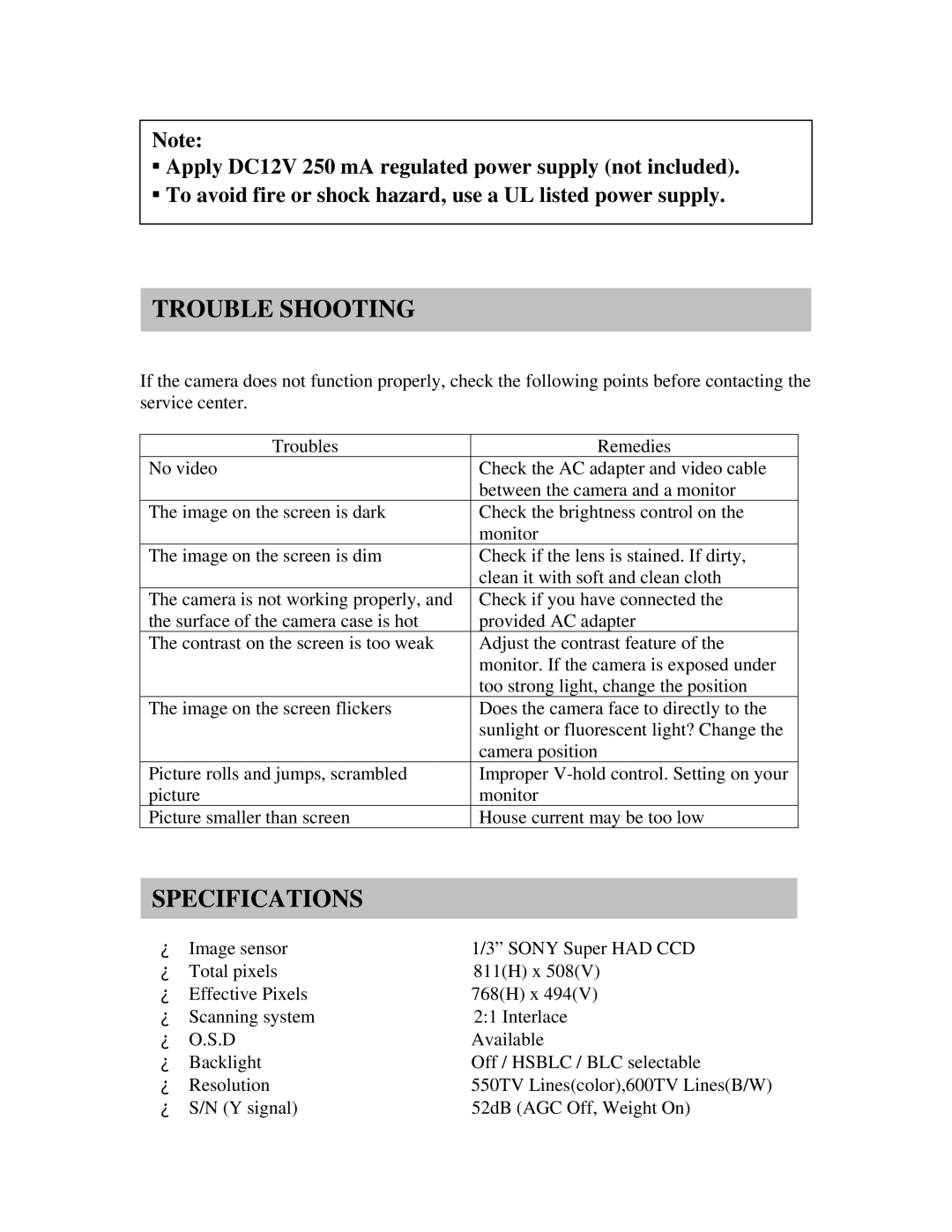 Clover Electronics HDC041 instruction manual Trouble Shooting, Specifications 