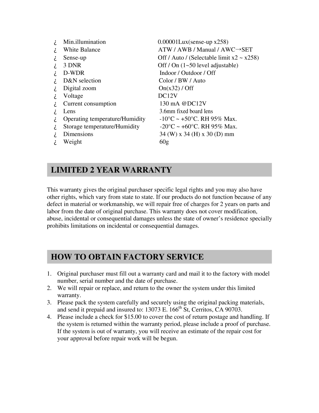 Clover Electronics HDC041 instruction manual Limited 2 Year Warranty, HOW to Obtain Factory Service, Dnr, Wdr, DC12V 