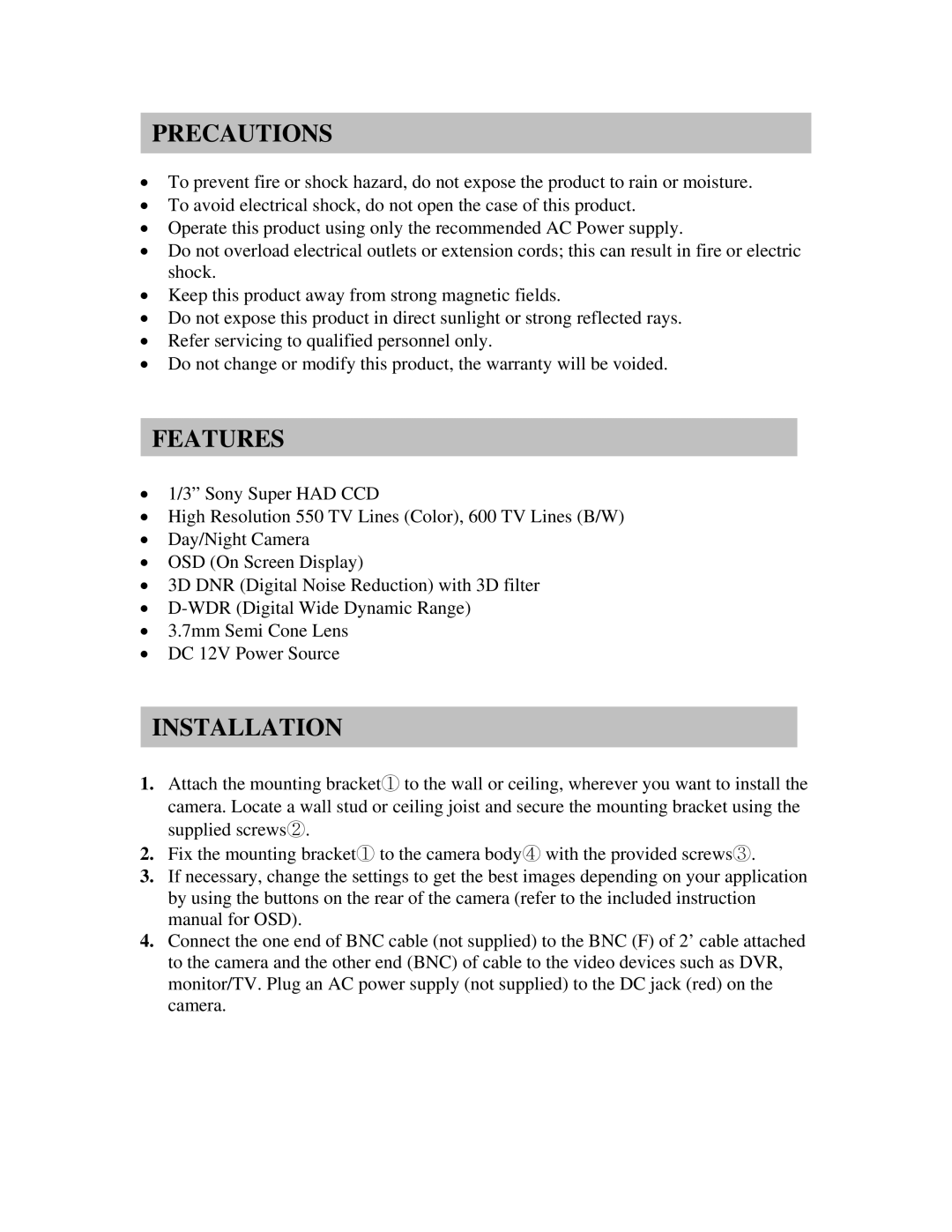 Clover Electronics HDC042 instruction manual Precautions, Features, Installation 