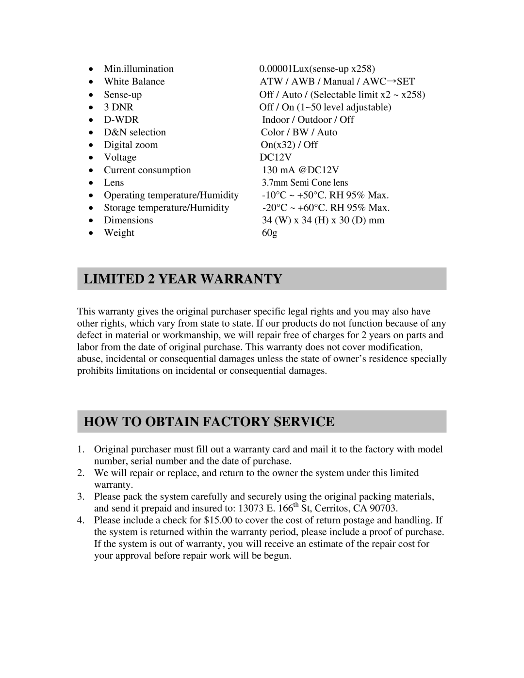 Clover Electronics HDC042 instruction manual Limited 2 Year Warranty, HOW to Obtain Factory Service, Dnr, Wdr, DC12V 