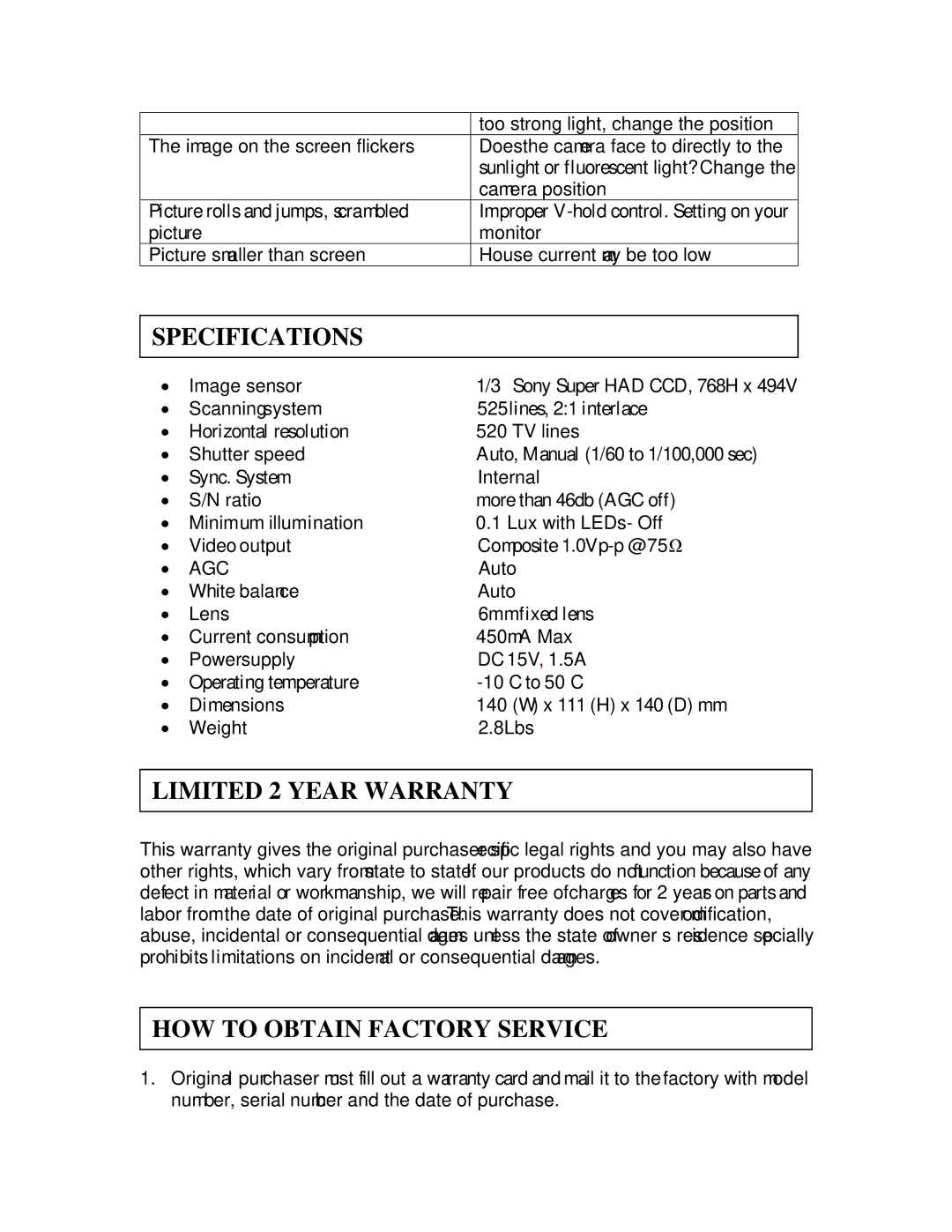 Clover Electronics HDC100 instruction manual Specifications, Limited 2 Year Warranty, HOW to Obtain Factory Service 