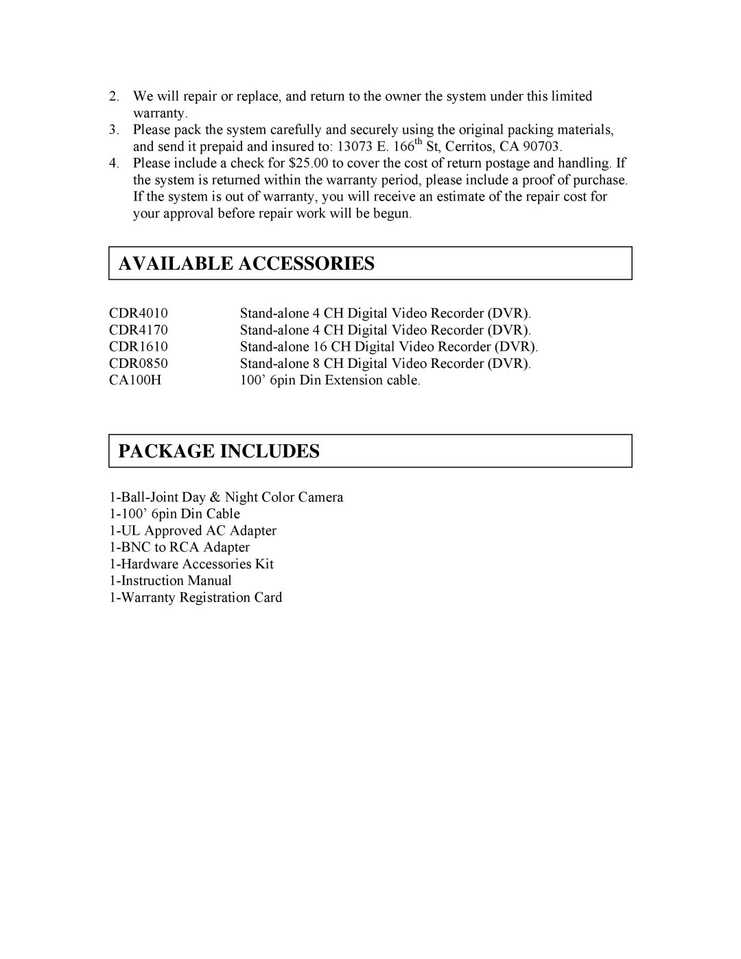 Clover Electronics HDC100 instruction manual Available Accessories, Package Includes 