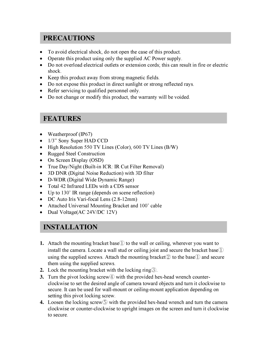 Clover Electronics HDC150 instruction manual Precautions, Features, Installation 