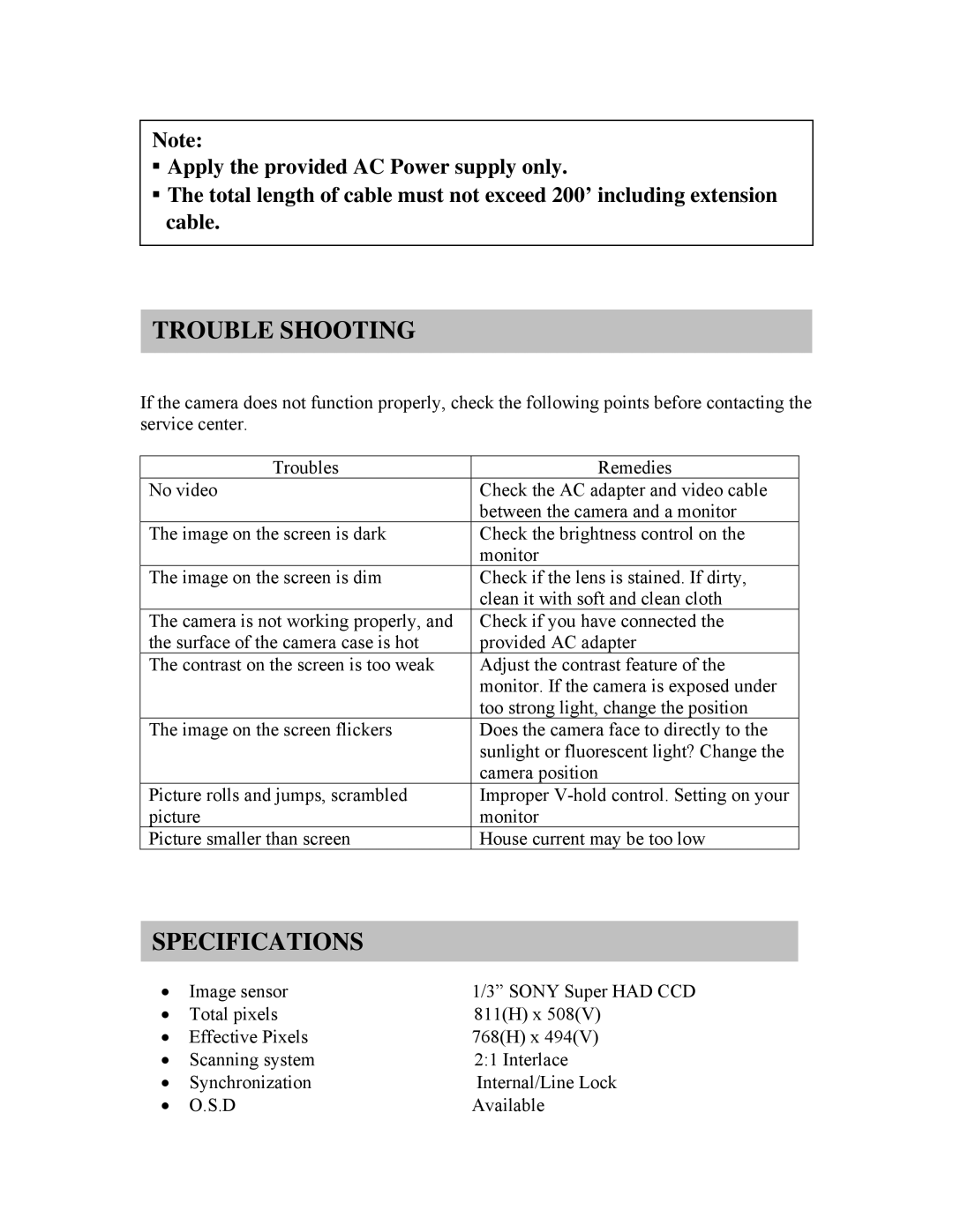 Clover Electronics HDC150 instruction manual Trouble Shooting, Specifications 