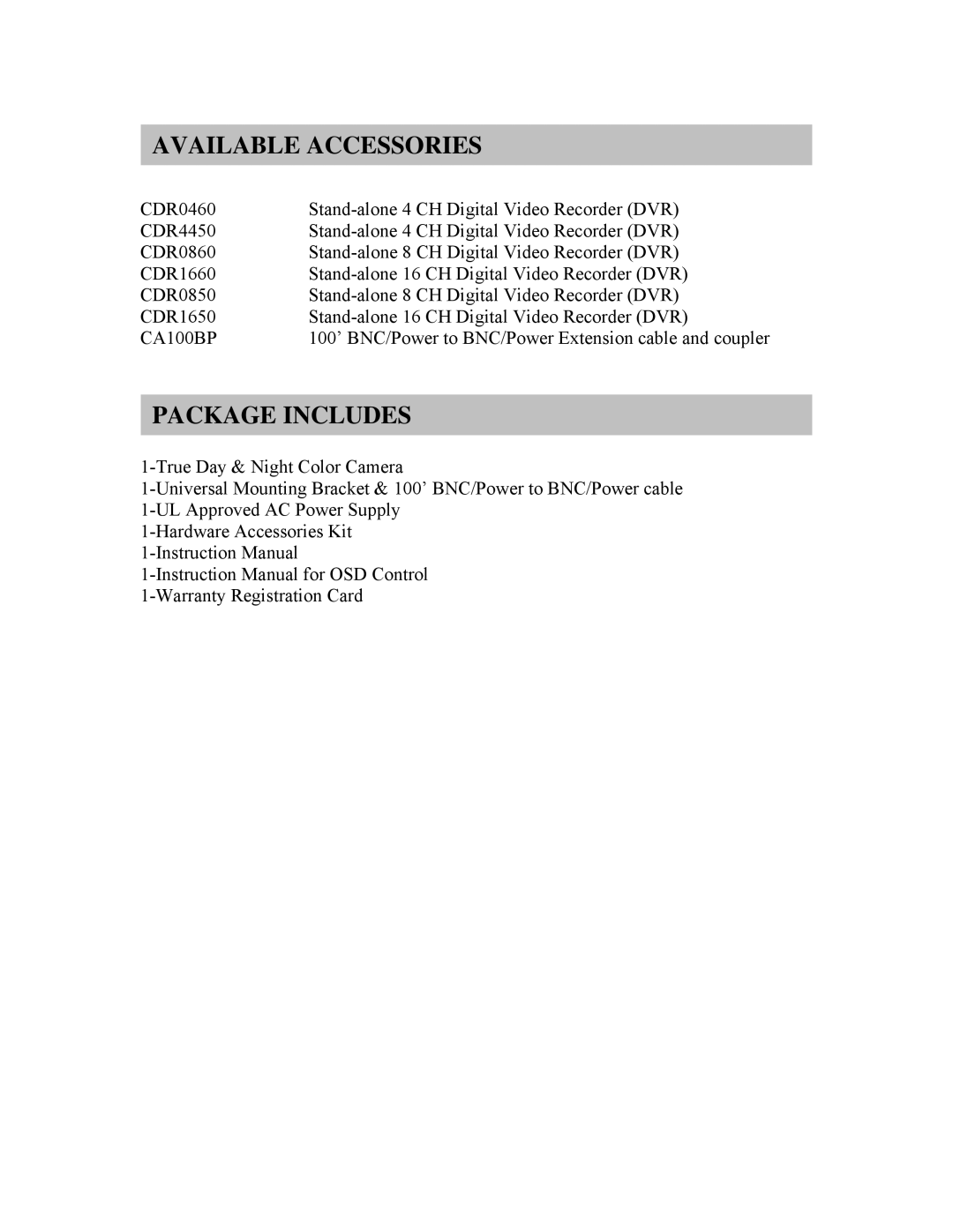 Clover Electronics HDC150 instruction manual Available Accessories, Package Includes 