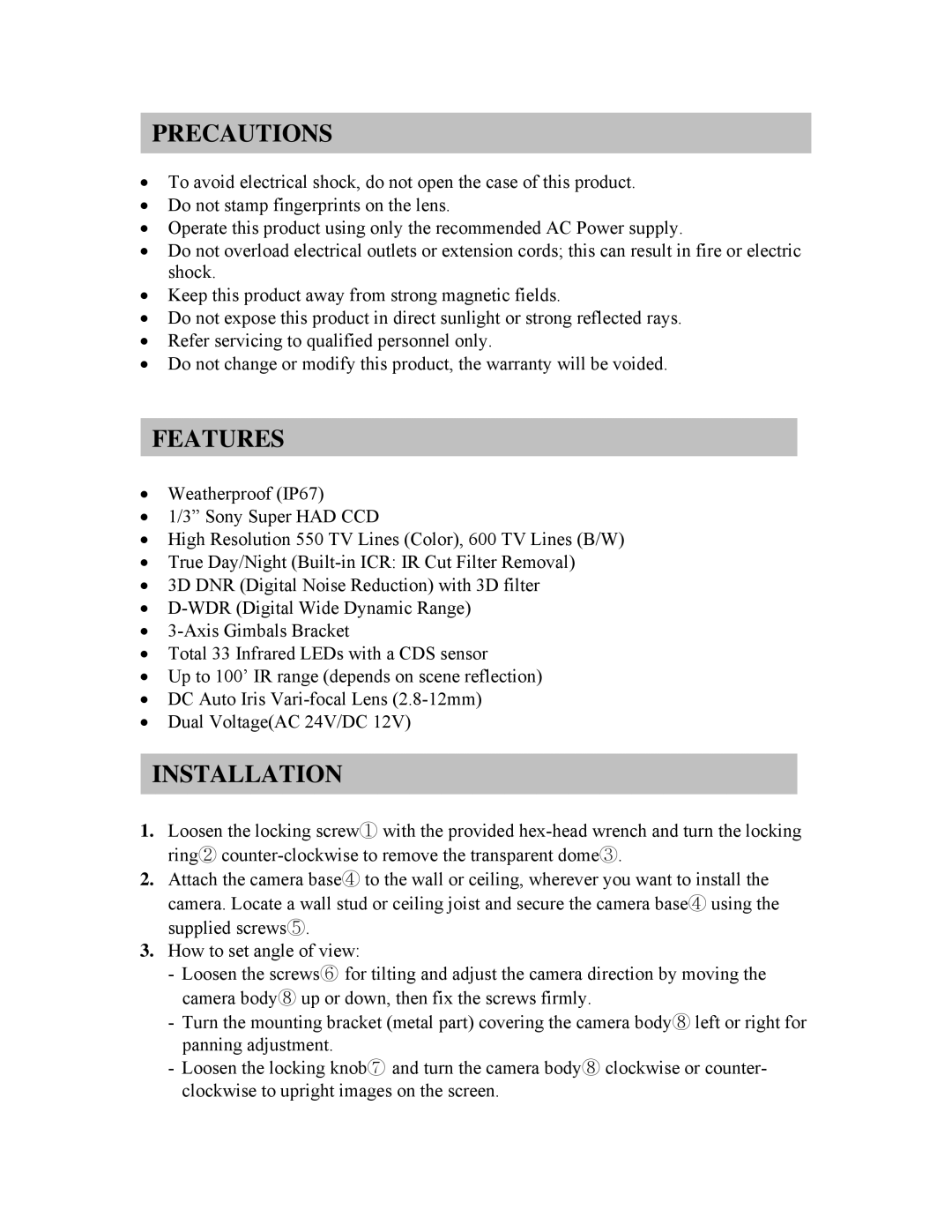 Clover Electronics HDC211 instruction manual Precautions, Features, Installation 