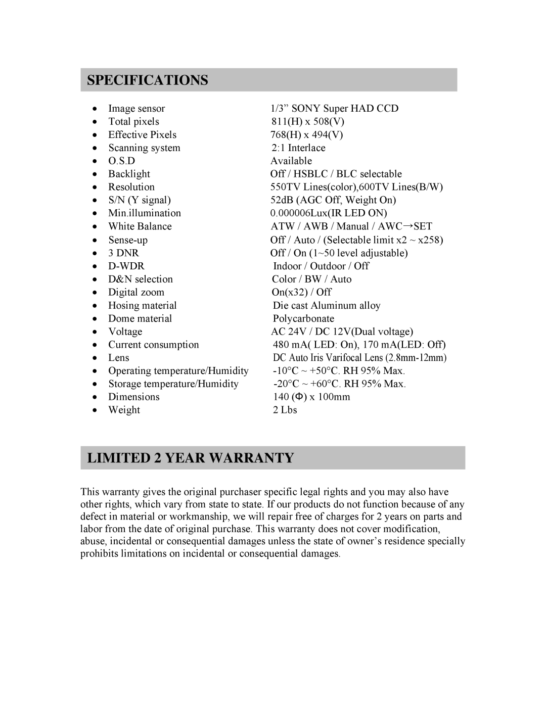 Clover Electronics HDC211 instruction manual Specifications, Limited 2 Year Warranty, Dnr, Wdr 