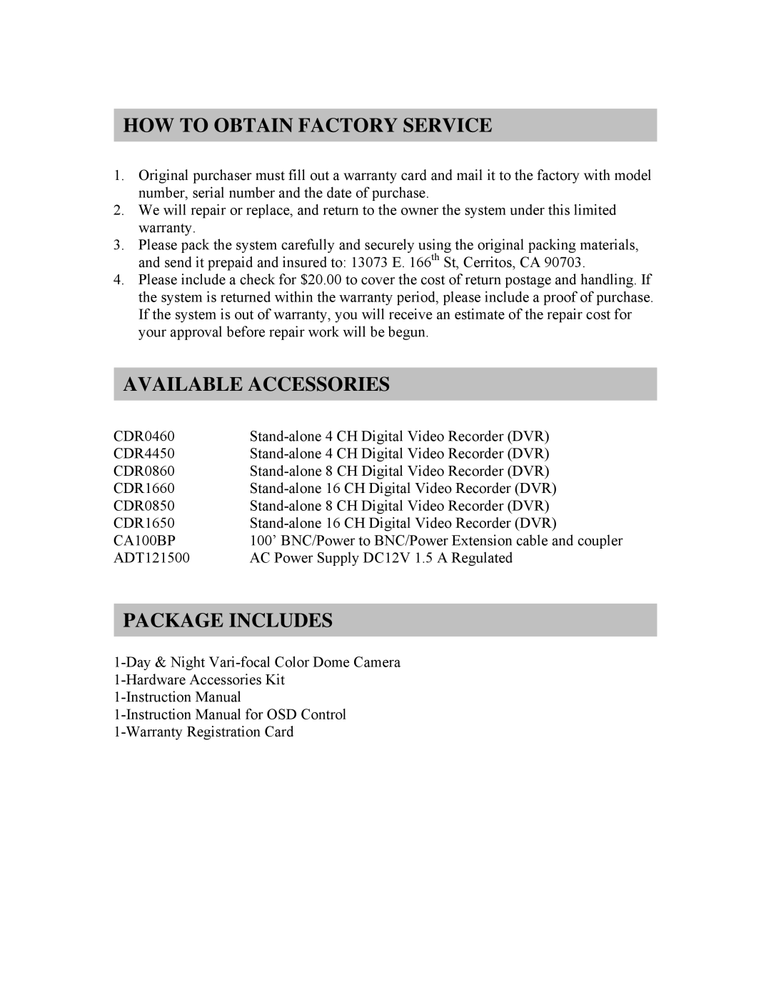 Clover Electronics HDC211 HOW to Obtain Factory Service, Available Accessories, Package Includes, CA100BP 