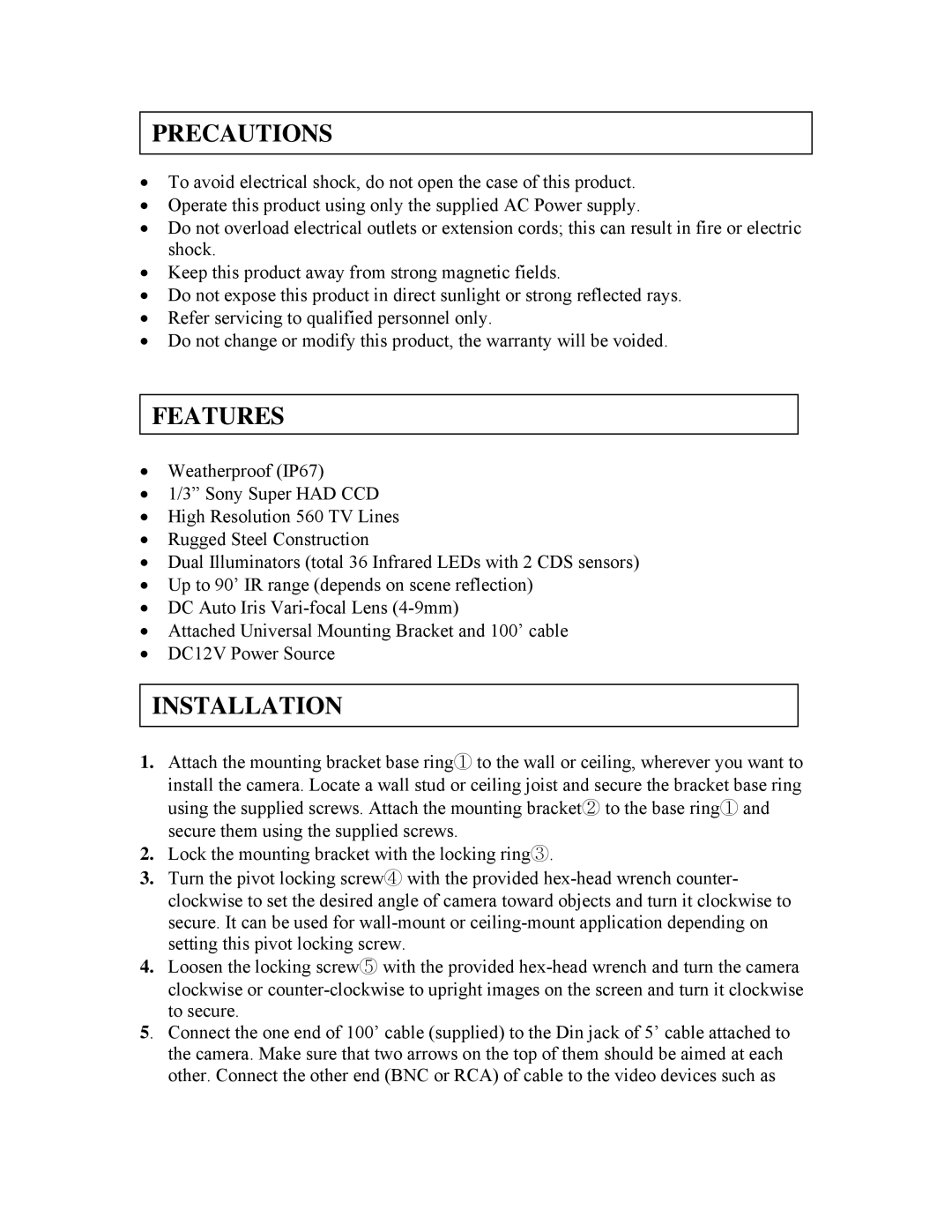 Clover Electronics HDC255 instruction manual Precautions, Features, Installation 