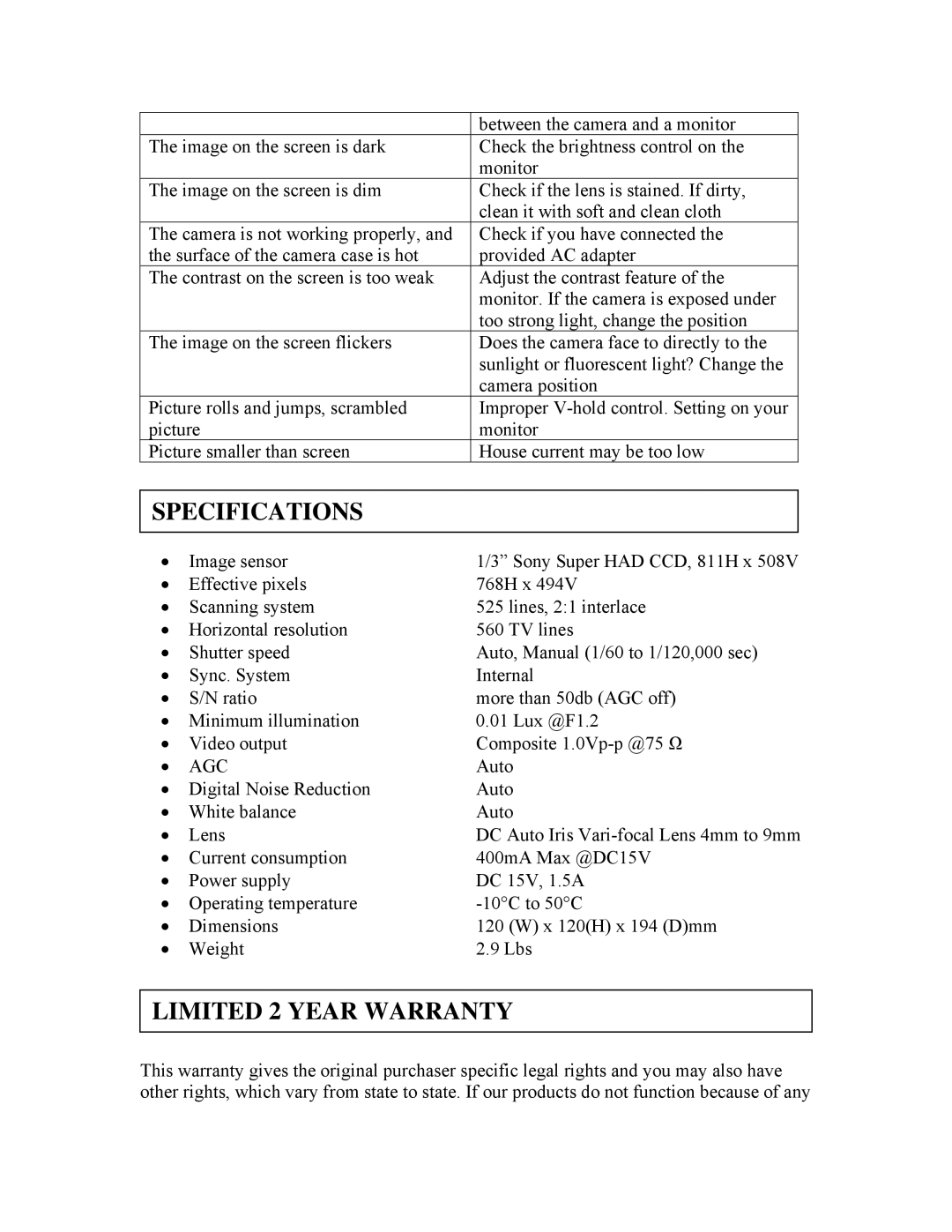 Clover Electronics HDC255 instruction manual Specifications, Limited 2 Year Warranty 