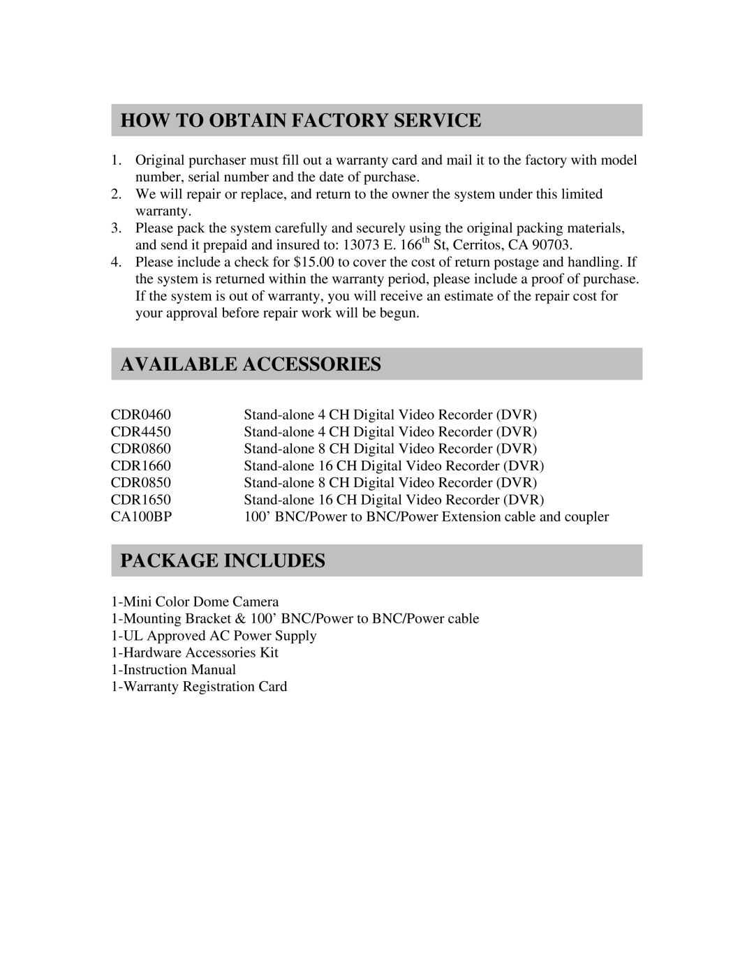 Clover Electronics HDC365 instruction manual HOW to Obtain Factory Service, Available Accessories, Package Includes 