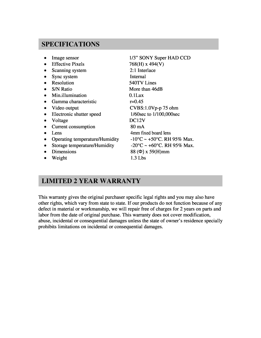 Clover Electronics HDC365 instruction manual Specifications, LIMITED 2 YEAR WARRANTY 