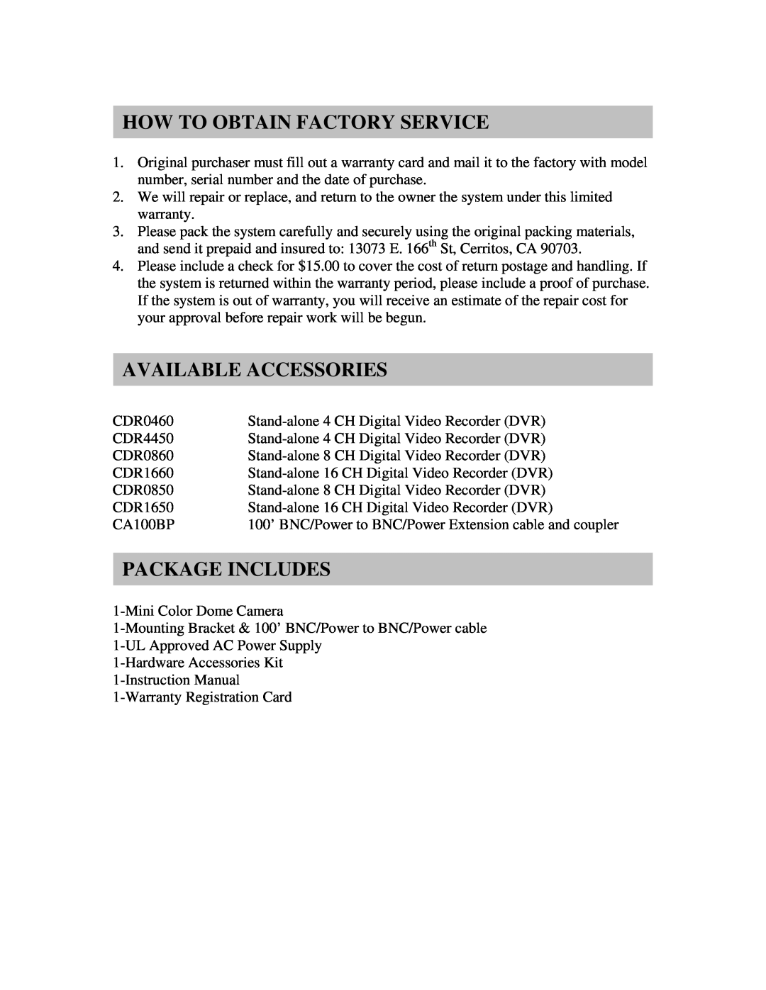 Clover Electronics HDC365 instruction manual How To Obtain Factory Service, Available Accessories, Package Includes 