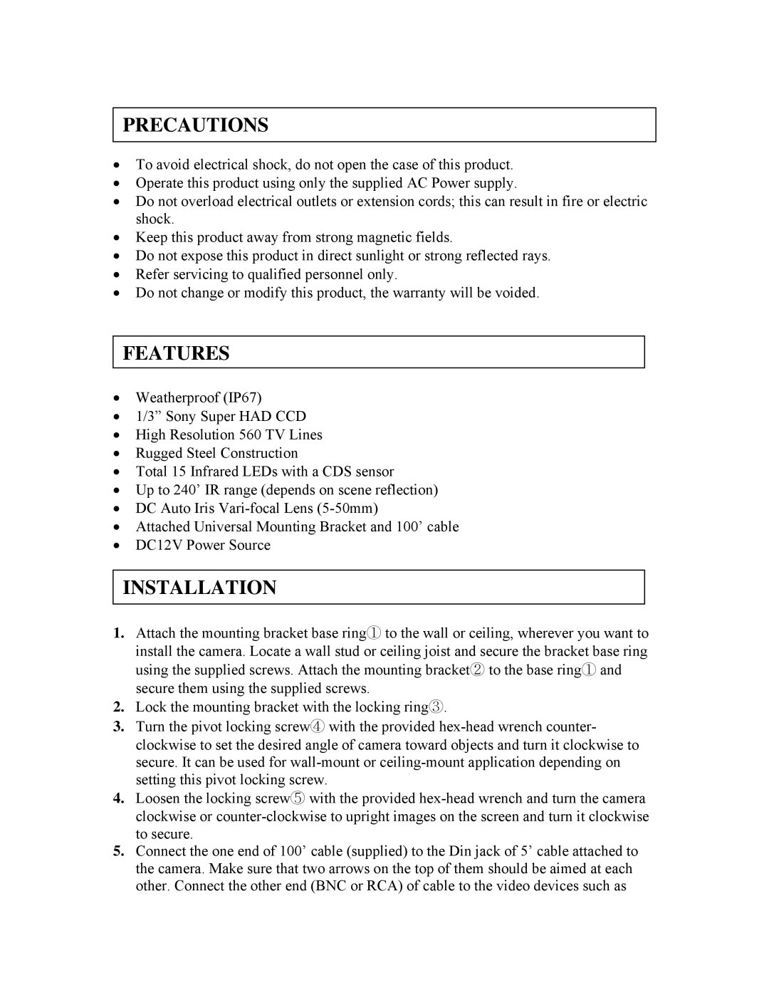 Clover Electronics HDC501 instruction manual Precautions, Features, Installation 