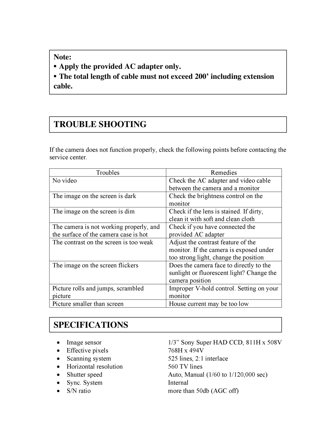 Clover Electronics HDC501 instruction manual Trouble Shooting, Specifications 