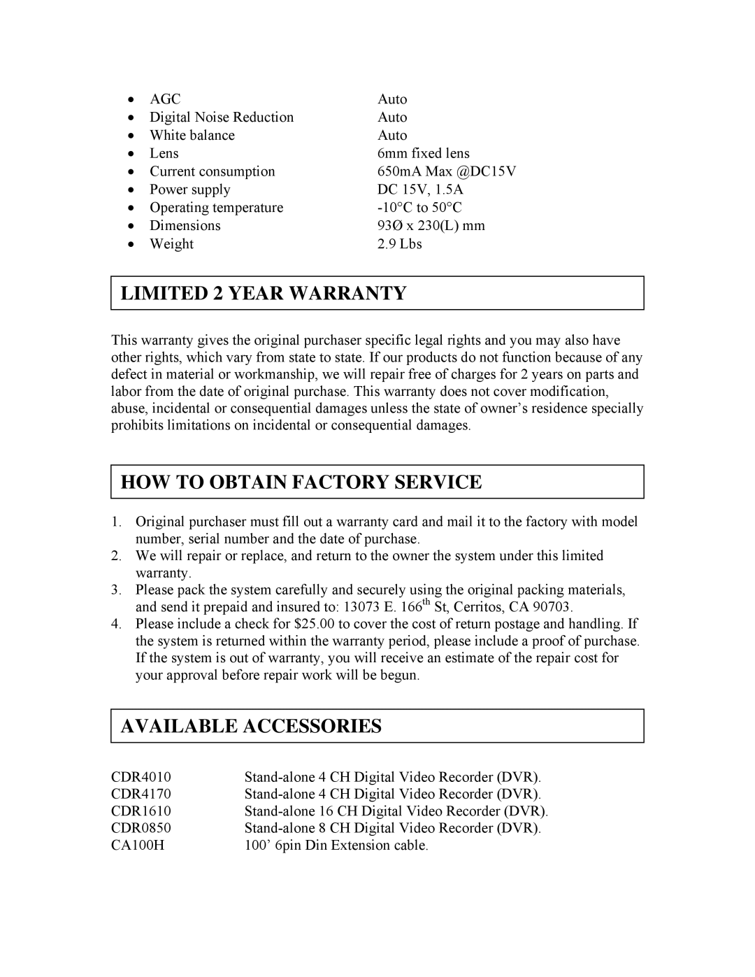 Clover Electronics HDC518 instruction manual Limited 2 Year Warranty, HOW to Obtain Factory Service, Available Accessories 