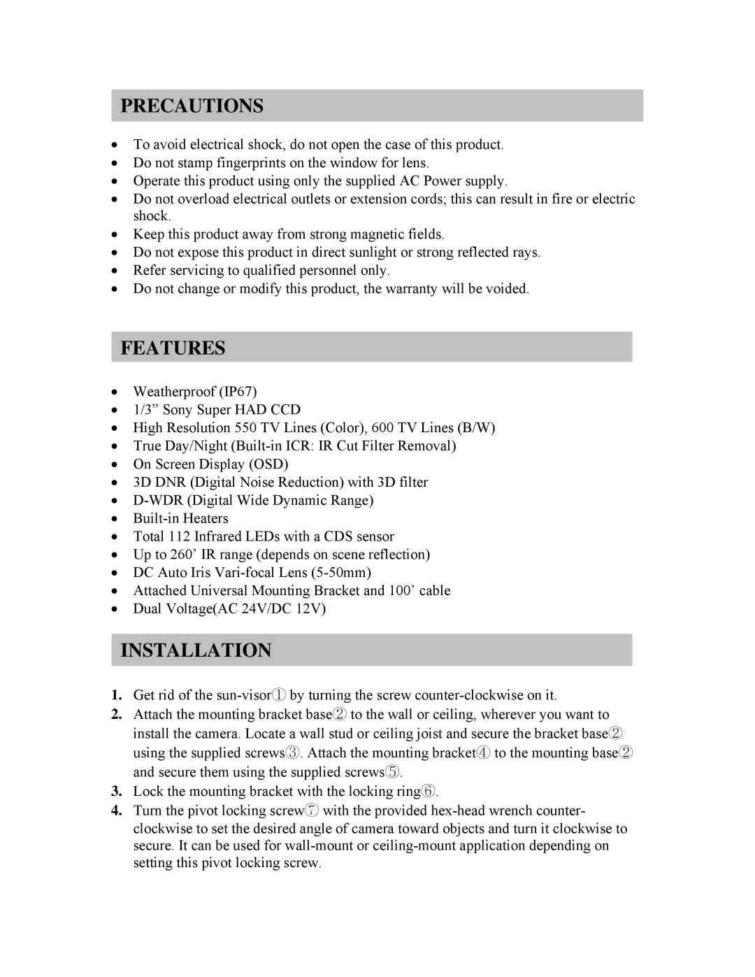 Clover Electronics HDC553 instruction manual Precautions, Features, Installation 