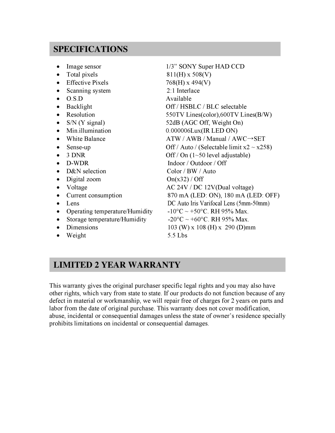 Clover Electronics HDC553 instruction manual Specifications, Limited 2 Year Warranty 