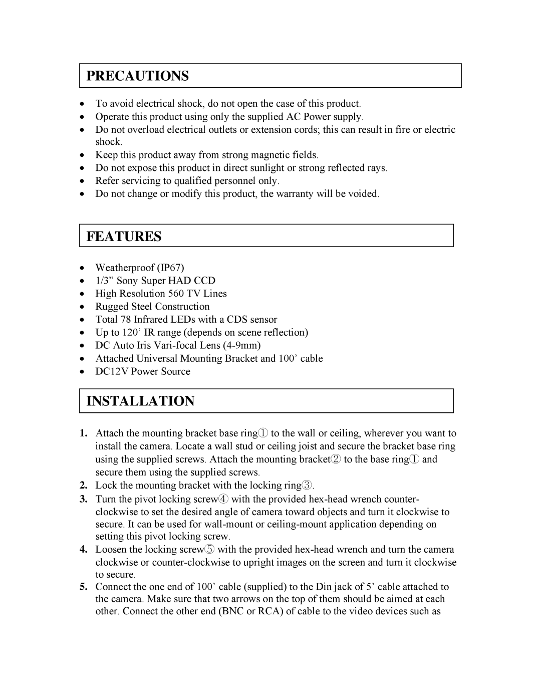 Clover Electronics HDC560 instruction manual Precautions, Features, Installation 